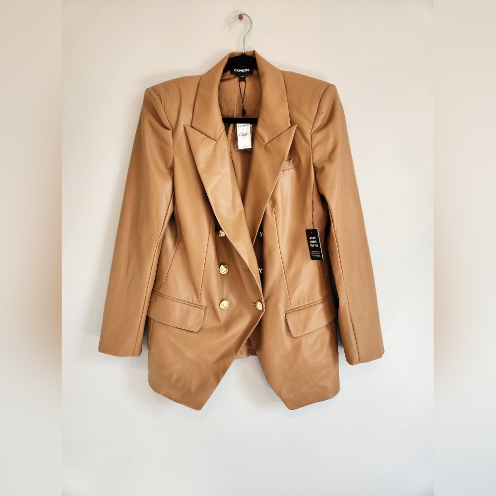 NWT Express Camel Soft Leather Blazer with Gold Buttons sz L